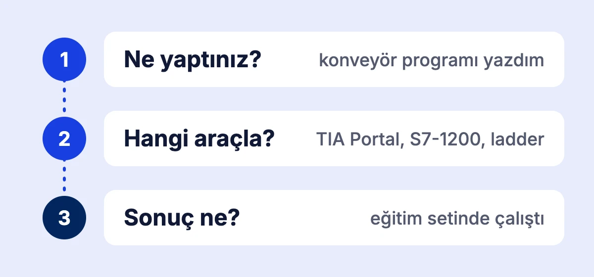 Güçlü bir CV maddesini kuran üç soru: ne yapıldı, hangi araçla yapıldı ve sonuç ne oldu; TIA Portal ile yazılan konveyör programı örneği